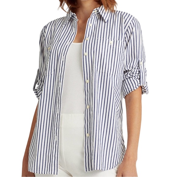 Lauren Ralph Lauren NWT White Cotton Navy Blue Striped Shirt Size Medium - Picture 9 of 16